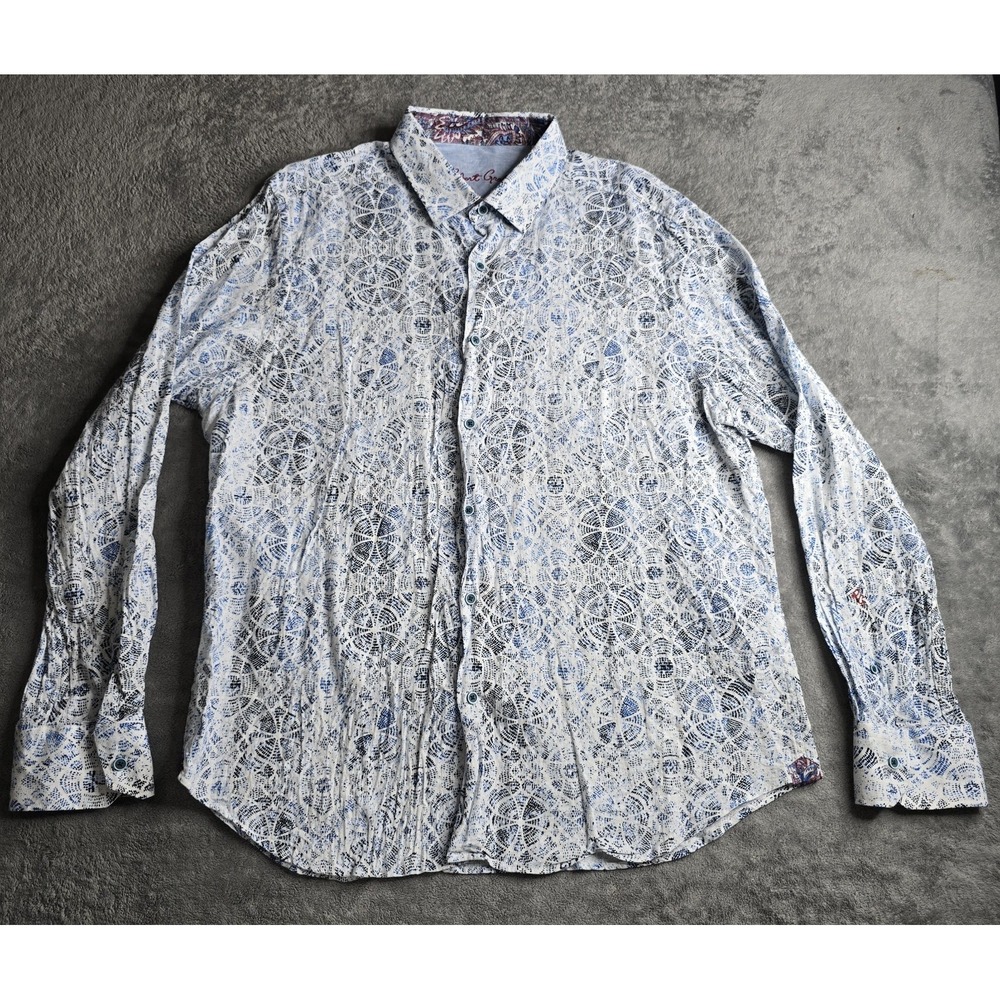 Robert Graham Shirt Mens 2XL White Blue Geometric Circles Floral Flip Cuff